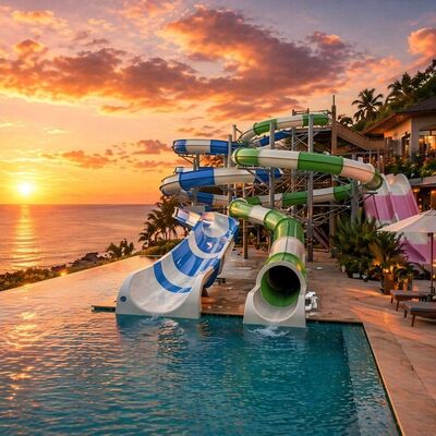 Deslizamiento de agua de fibra de vidrio en espiral abierto y cerrado de 6 a 8 mm de espesor para piscinas comerciales y hoteles.